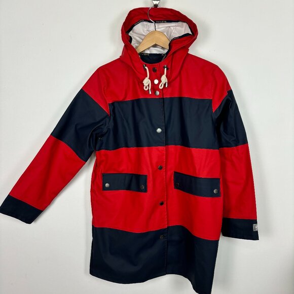 Pendleton Seaside Waterproof Slicker Hooded Raincoat Striped Red Navy Womens M - Picture 2 of 5